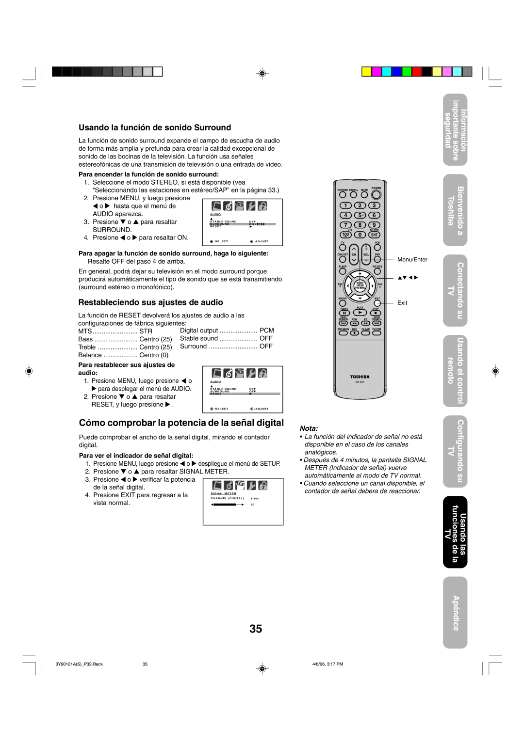 Toshiba 26DF56 appendix Cómo comprobar la potencia de la señal digital, Usando la función de sonido Surround 