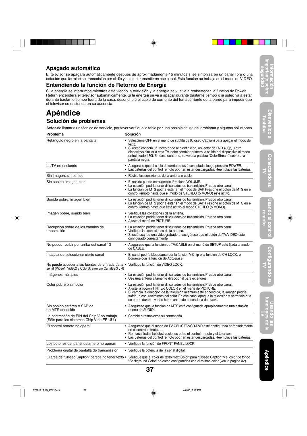 Toshiba 26DF56 Apagado automático, Entendiendo la función de Retorno de Energía, Solución de problemas, Problema Solución 