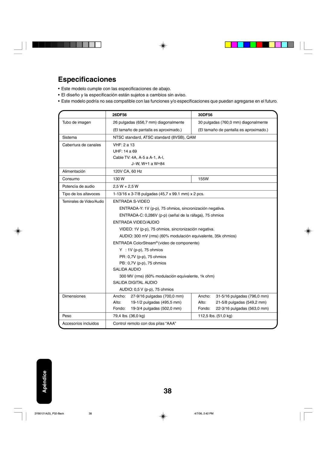 Toshiba 26DF56 appendix Especificaciones, Entrada S-VIDEO, Entrada VIDEO/AUDIO, Salida Audio, Salida Digital Audio 