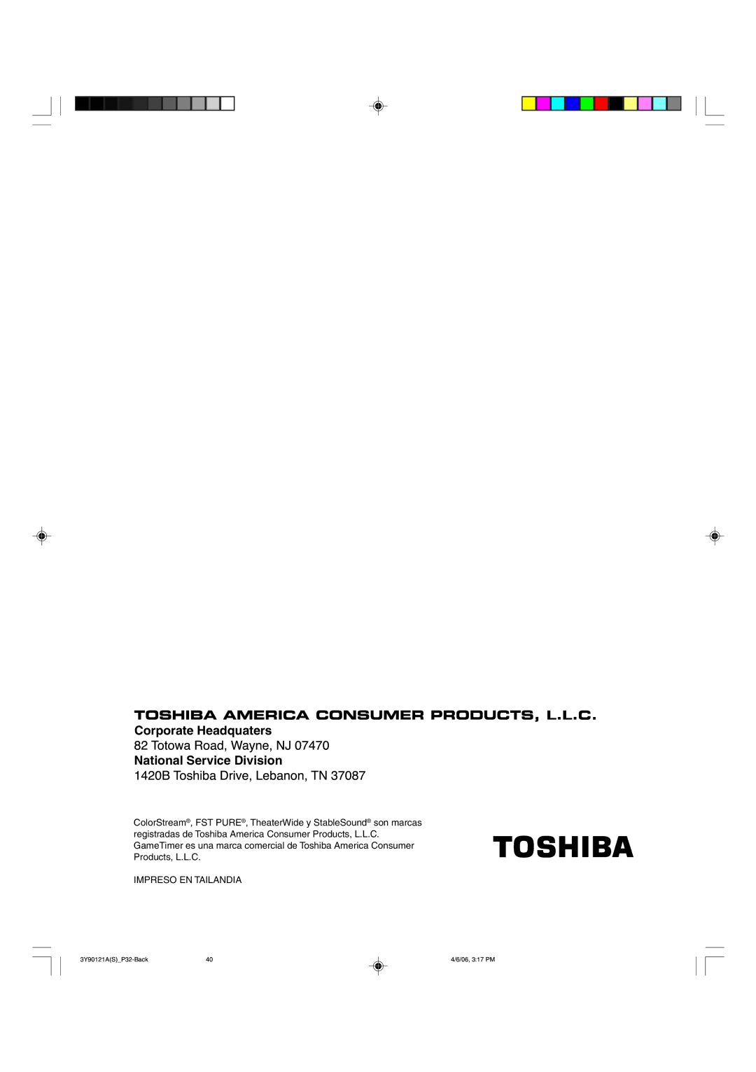 Toshiba 26DF56 appendix Impreso EN Tailandia 