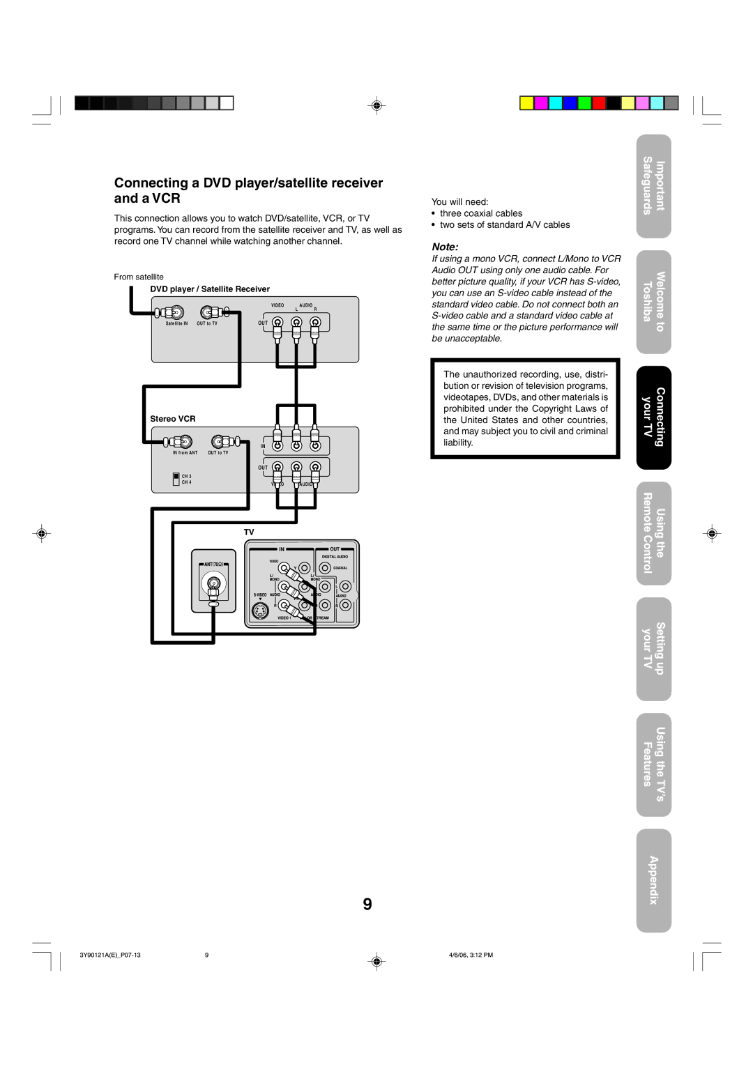 Toshiba 26DF56 appendix Connecting a DVD player/satellite receiver and a VCR, DVD player / Satellite Receiver 