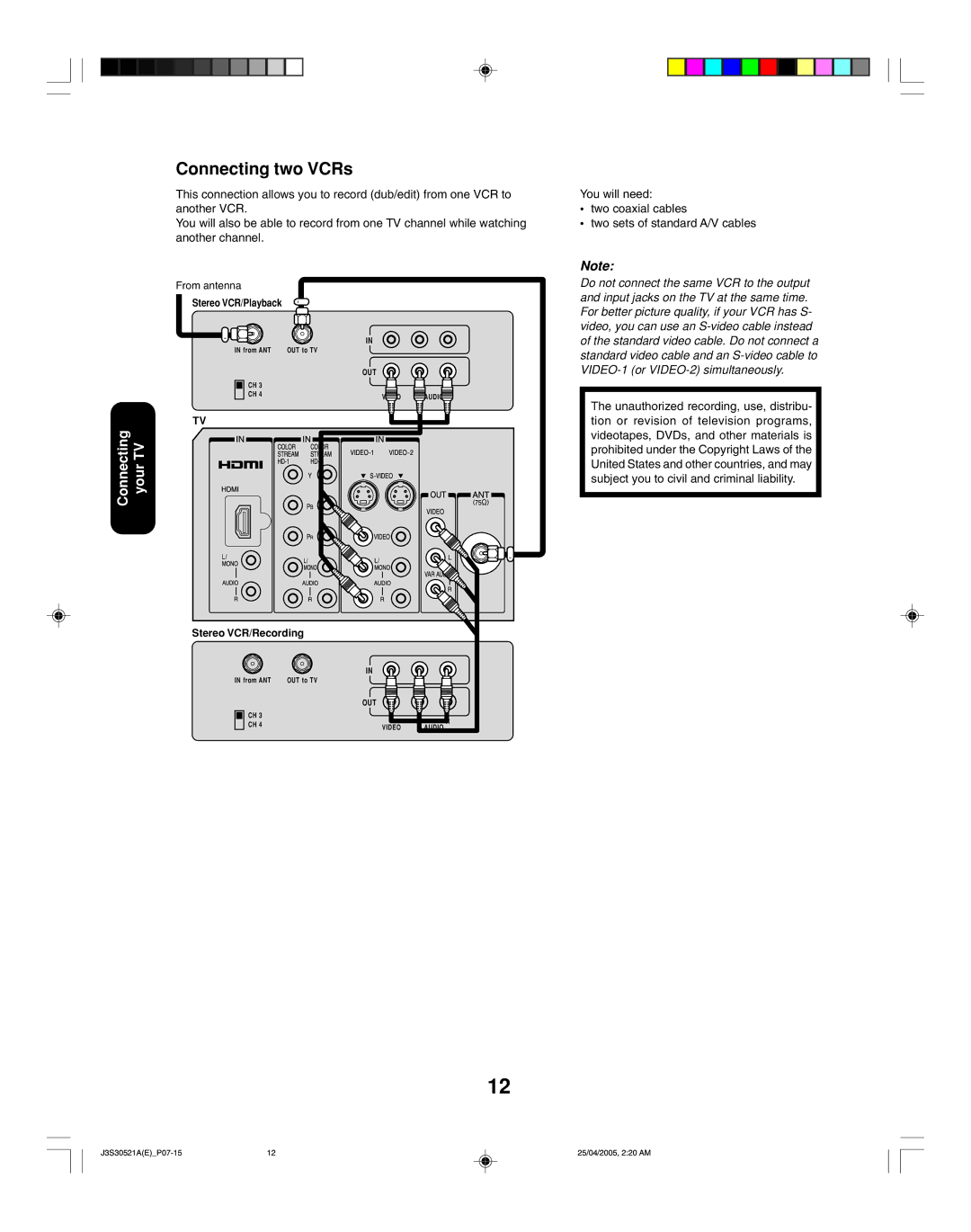 Toshiba 26HF15 appendix Connecting two VCRs 