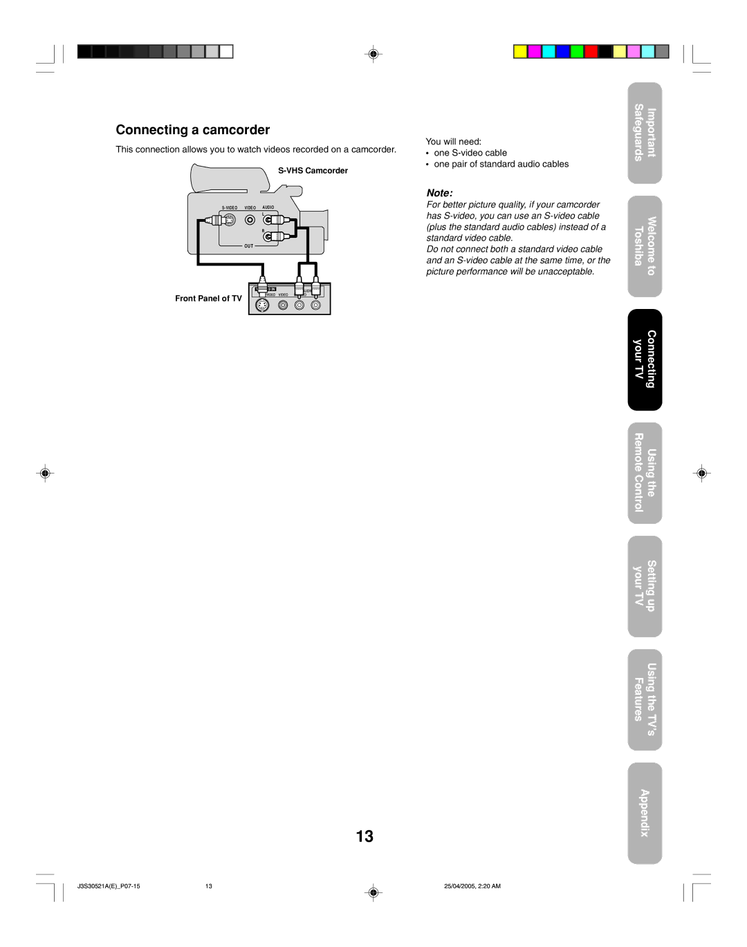 Toshiba 26HF15 appendix Connecting a camcorder 