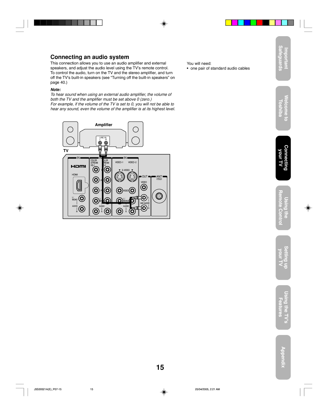 Toshiba 26HF15 appendix Connecting an audio system, Amplifier 