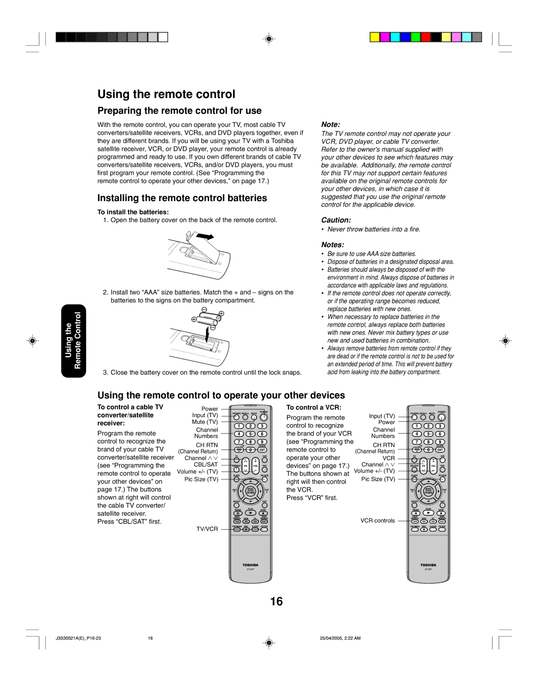 Toshiba 26HF15 Using the remote control, Preparing the remote control for use, Installing the remote control batteries 