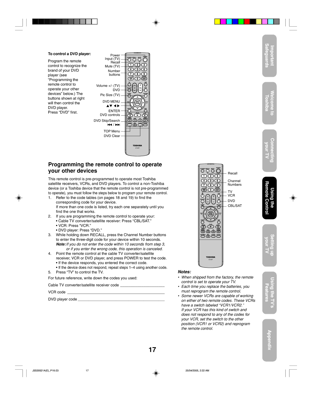 Toshiba 26HF15 appendix Programming the remote control to operate your other devices, To control a DVD player 