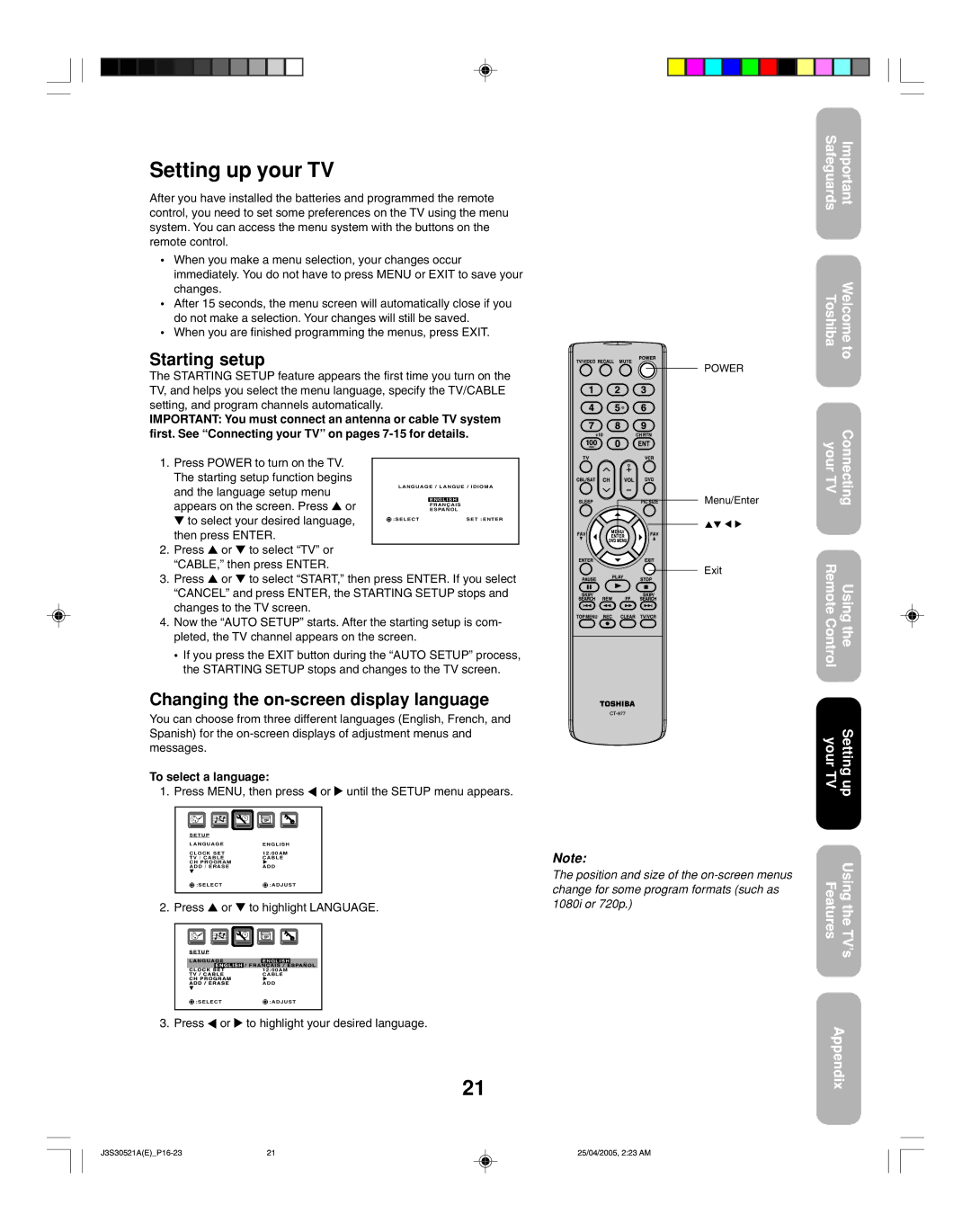 Toshiba 26HF15 appendix Setting up your TV, Starting setup, Changing the on-screen display language 