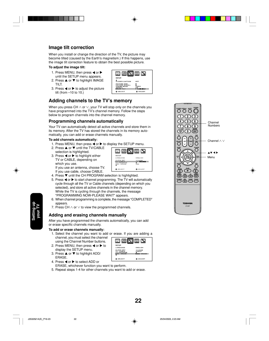 Toshiba 26HF15 appendix Image tilt correction, Adding channels to the TV’s memory, Programming channels automatically 