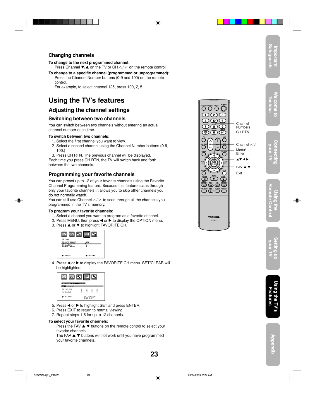 Toshiba 26HF15 Using the TV’s features, Adjusting the channel settings, Changing channels, Switching between two channels 