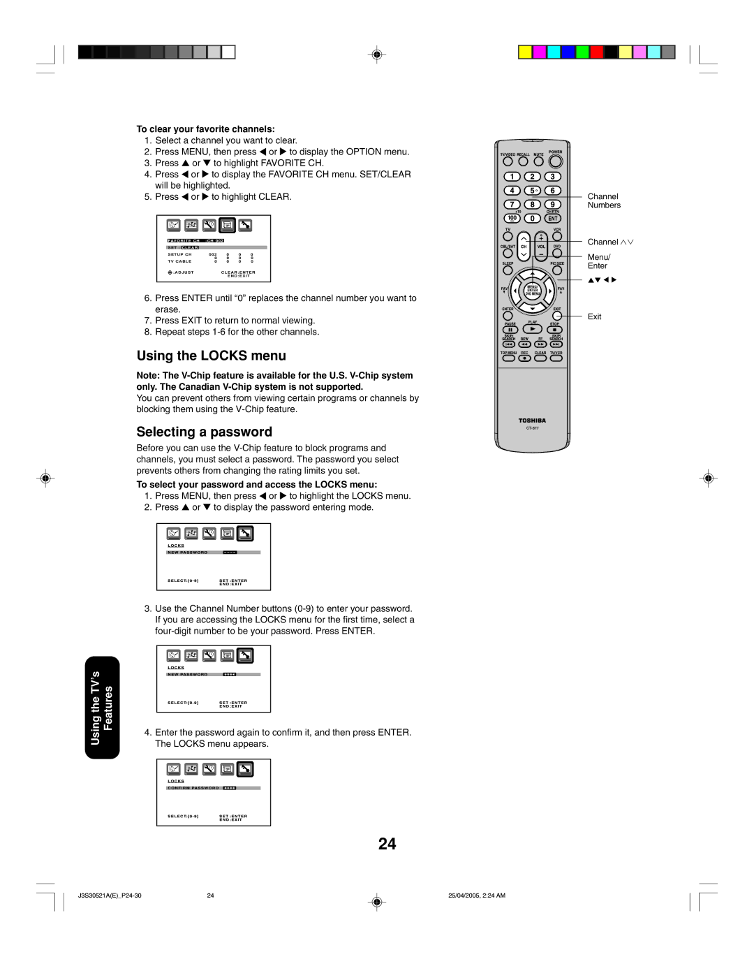 Toshiba 26HF15 appendix Using the Locks menu, Selecting a password, To clear your favorite channels 