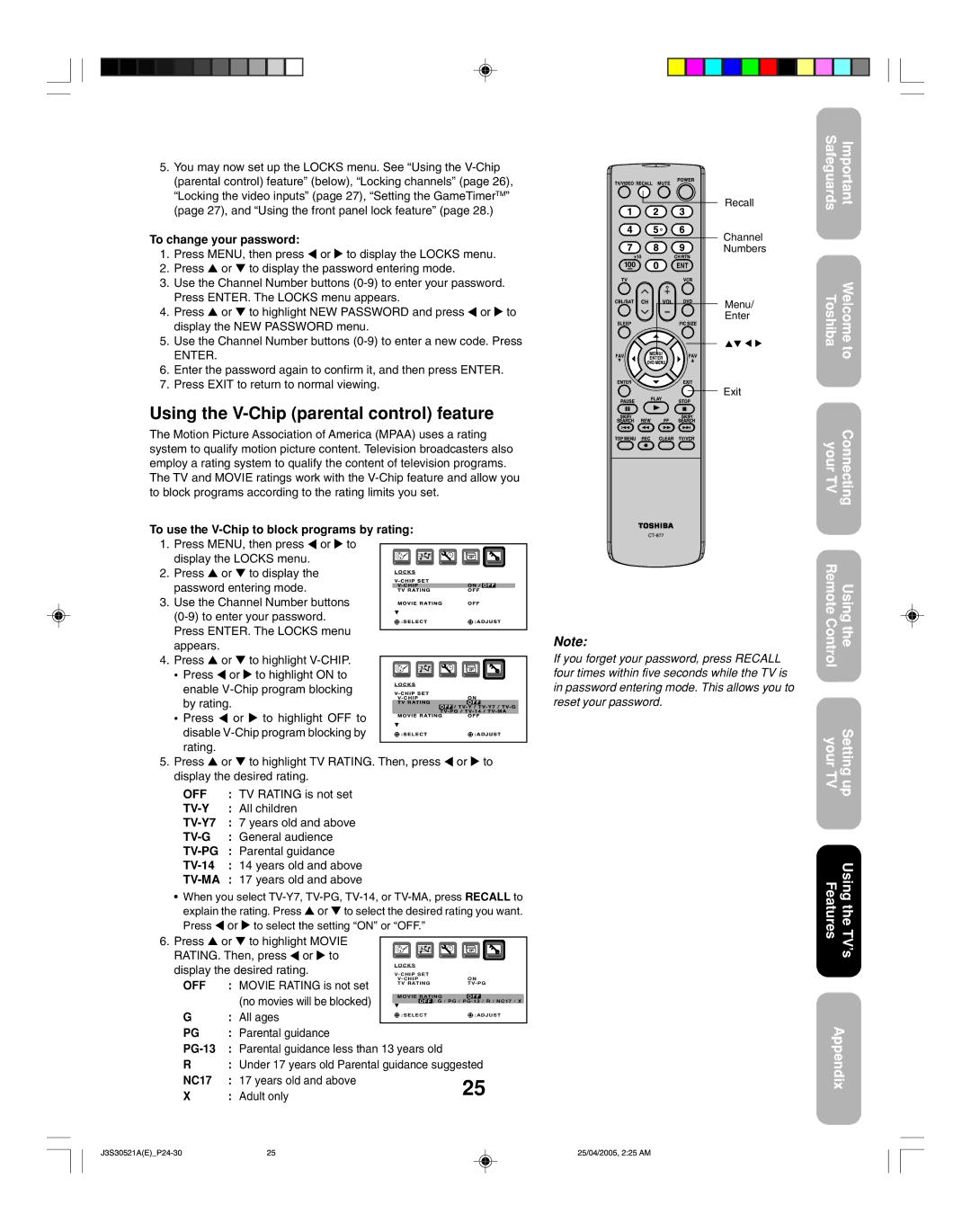 Toshiba 26HF15 appendix Using the V-Chip parental control feature 