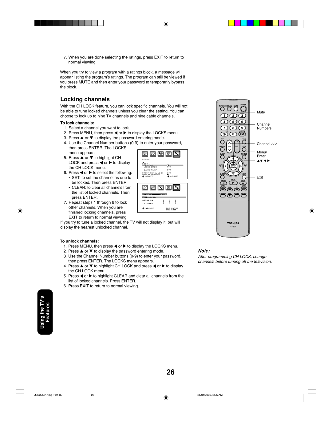 Toshiba 26HF15 appendix Locking channels, To lock channels, To unlock channels 