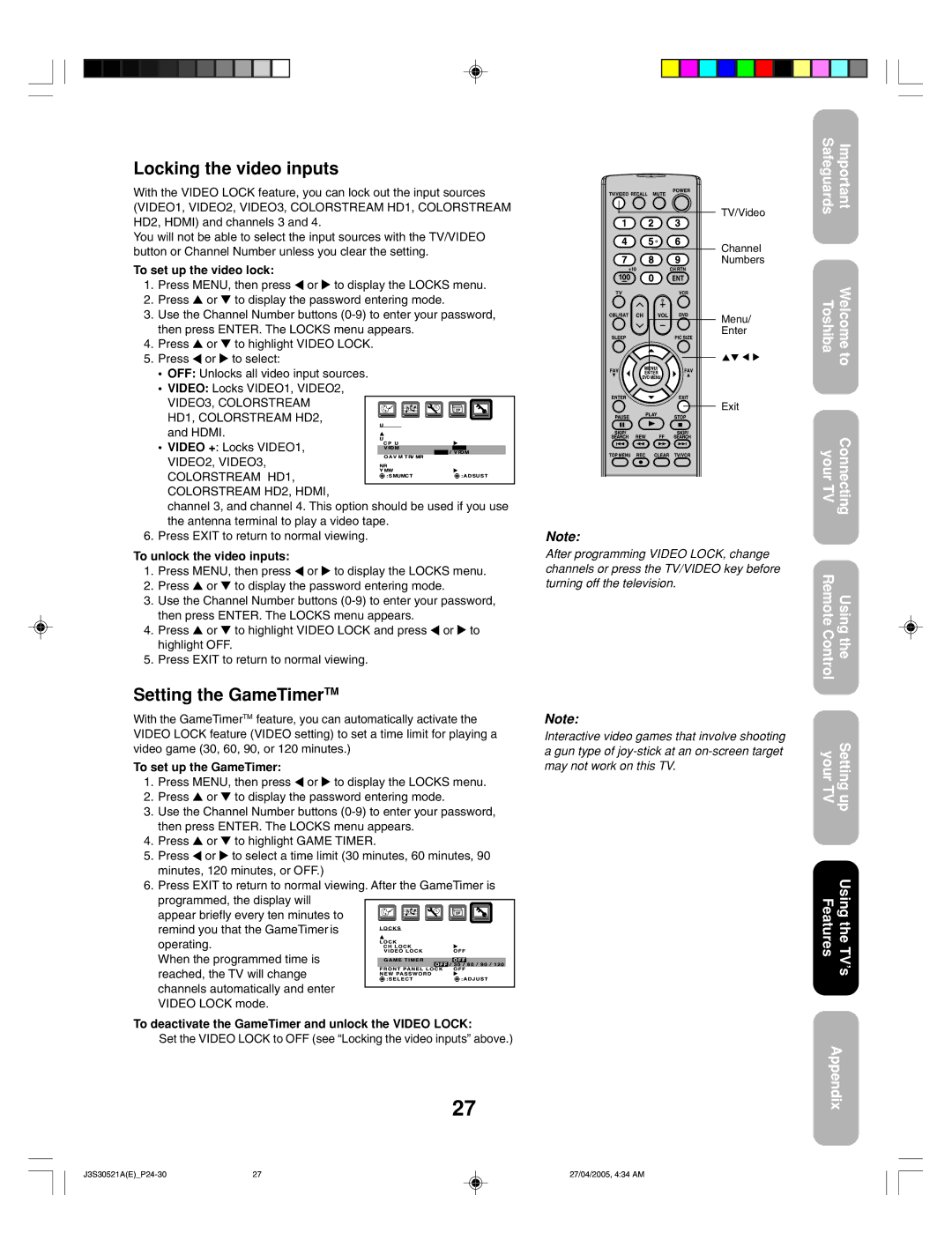 Toshiba 26HF15 appendix Locking the video inputs, Setting the GameTimerTM 