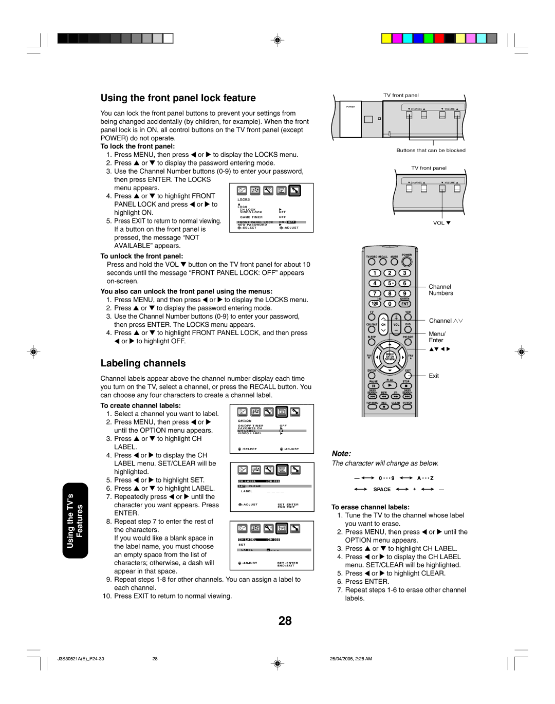 Toshiba 26HF15 appendix Using the front panel lock feature, Labeling channels 