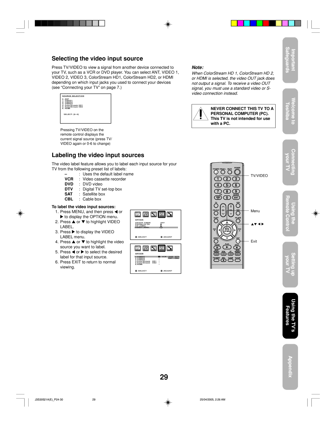 Toshiba 26HF15 Selecting the video input source, Labeling the video input sources, To label the video input sources 