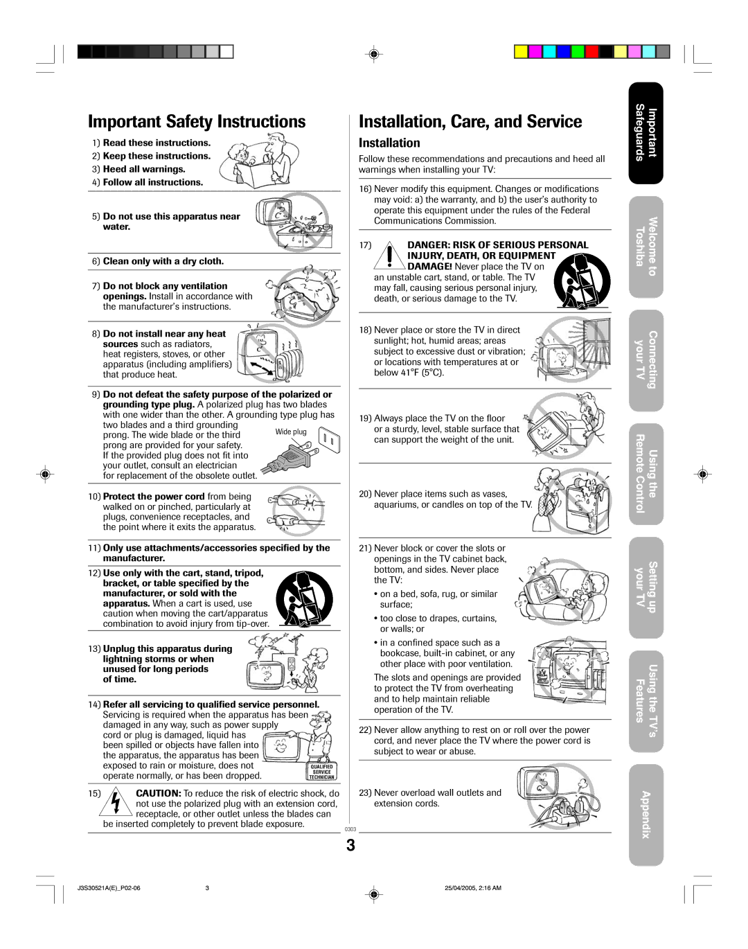 Toshiba 26HF15 appendix Important Safety Instructions 