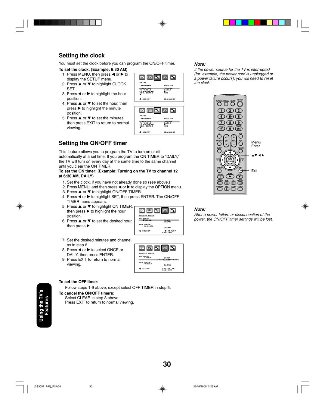 Toshiba 26HF15 appendix Setting the clock, Setting the ON/OFF timer 