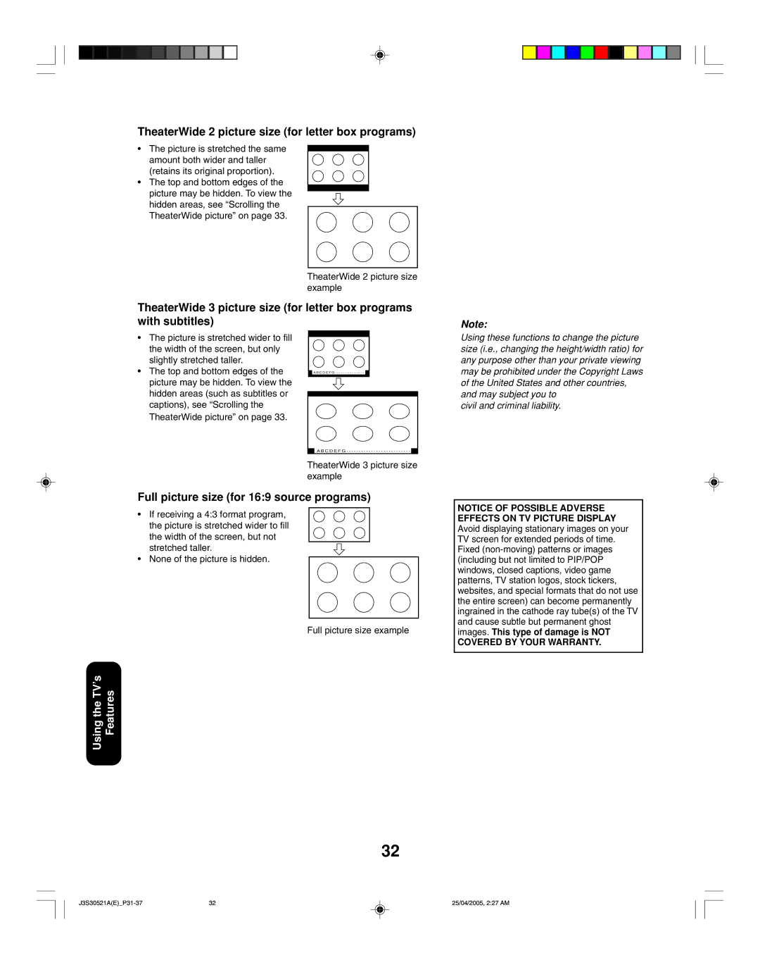 Toshiba 26HF15 appendix TheaterWide 2 picture size for letter box programs, Full picture size for 169 source programs 