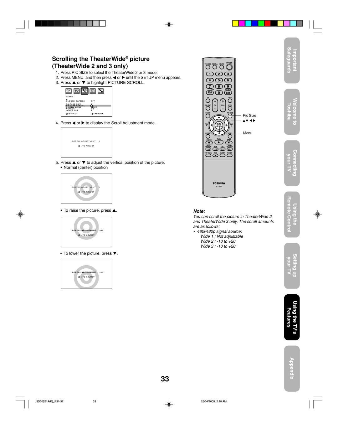 Toshiba 26HF15 appendix Scrolladjustmentto +20, Scrolling the TheaterWide picture TheaterWide 2 and 3 only 