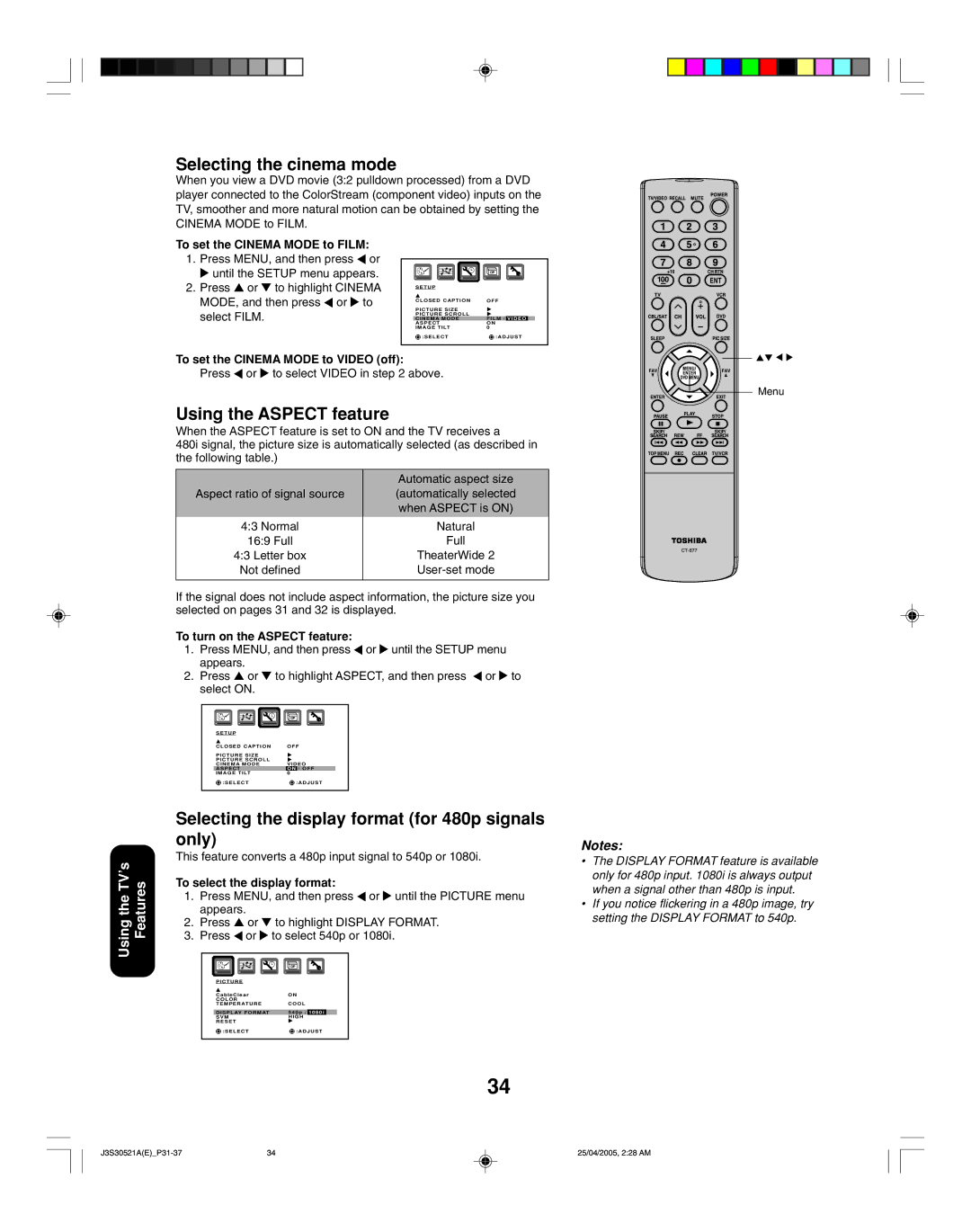 Toshiba 26HF15 Selecting the cinema mode, Using the Aspect feature, Selecting the display format for 480p signals only 