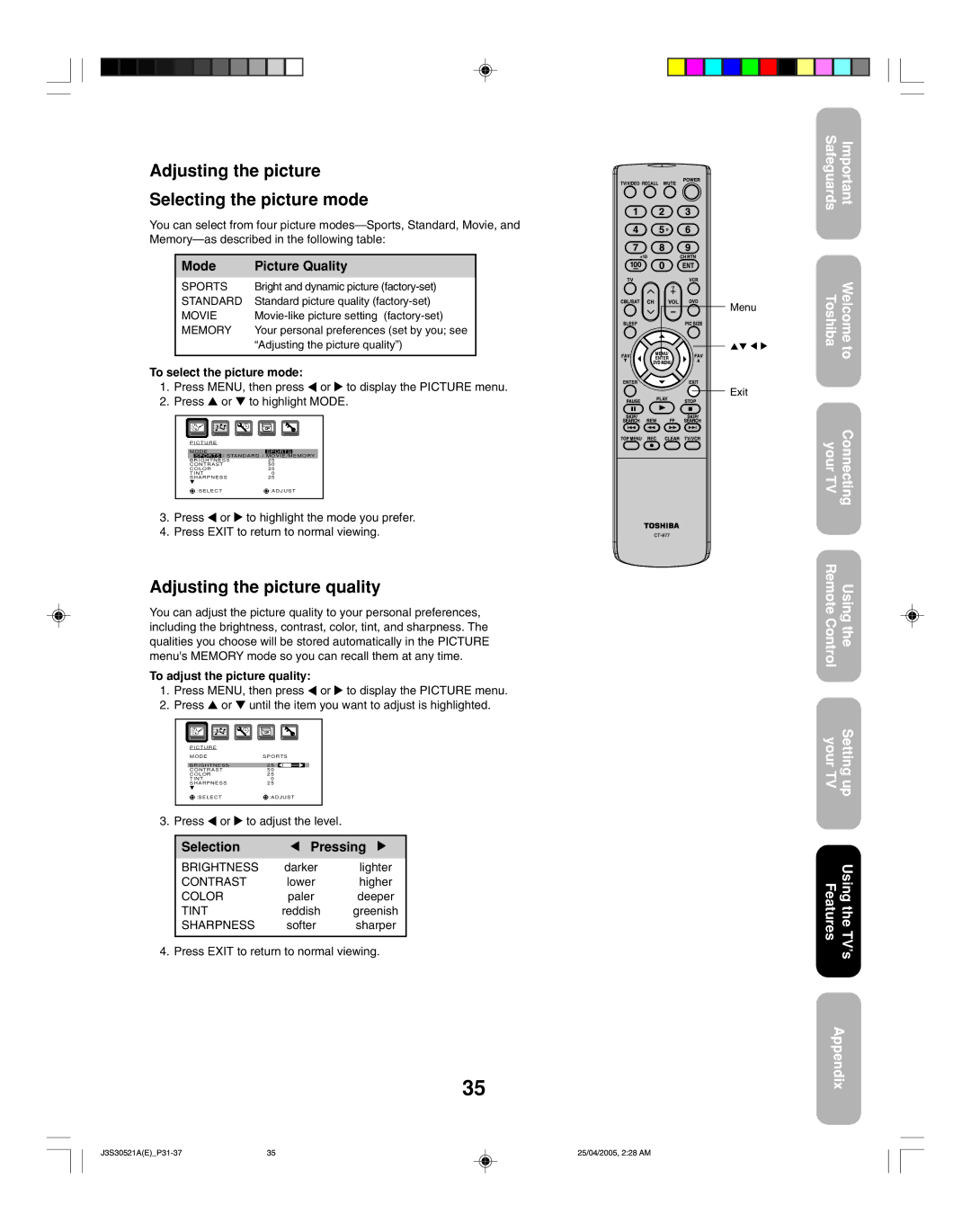 Toshiba 26HF15 Adjusting the picture Selecting the picture mode, Adjusting the picture quality, To select the picture mode 