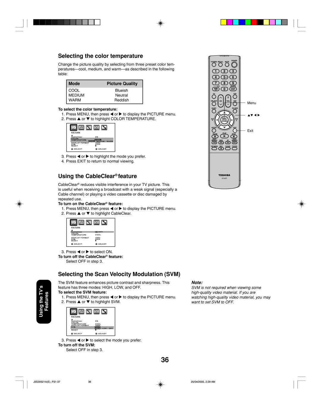 Toshiba 26HF15 Selecting the color temperature, Using the CableClear feature, Selecting the Scan Velocity Modulation SVM 