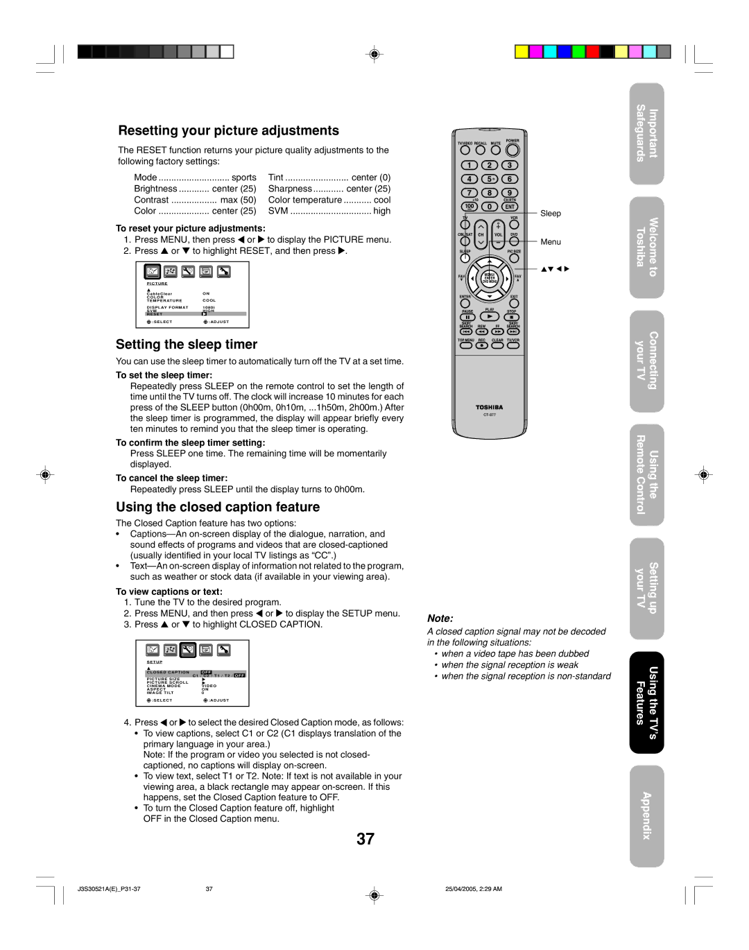 Toshiba 26HF15 appendix Resetting your picture adjustments, Setting the sleep timer, Using the closed caption feature 