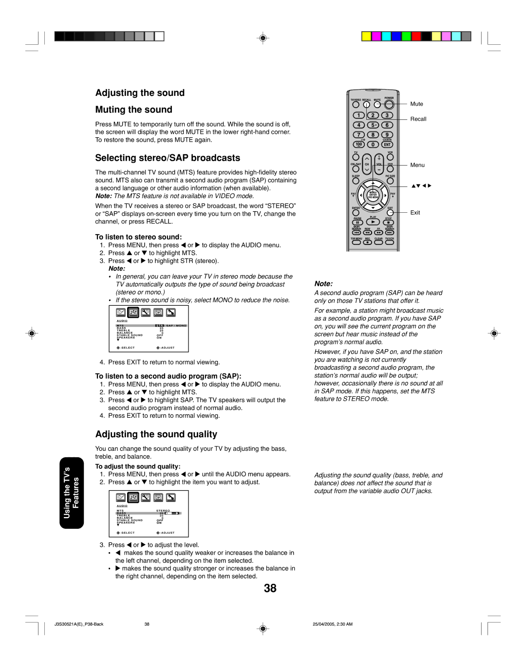 Toshiba 26HF15 appendix Adjusting the sound Muting the sound, Selecting stereo/SAP broadcasts, Adjusting the sound quality 