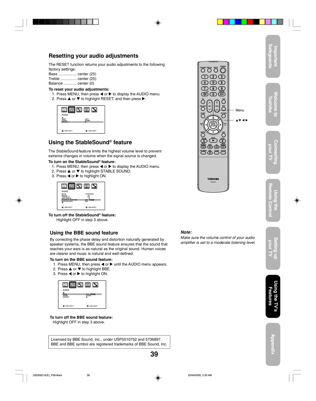 Toshiba 26HF15 appendix Resetting your audio adjustments, Using the StableSound feature, Using the BBE sound feature 