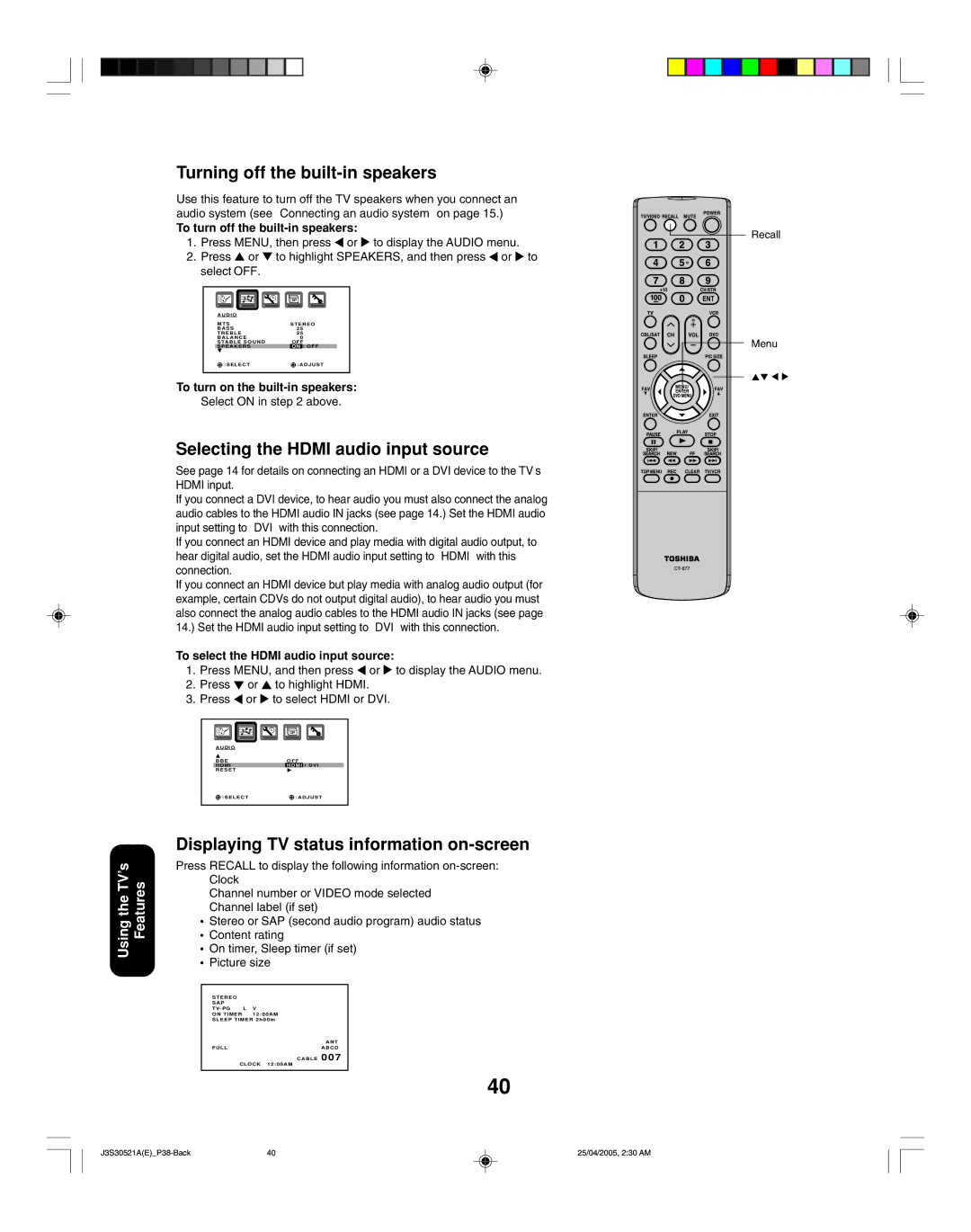 Toshiba 26HF15 appendix Turning off the built-in speakers, Selecting the Hdmi audio input source 