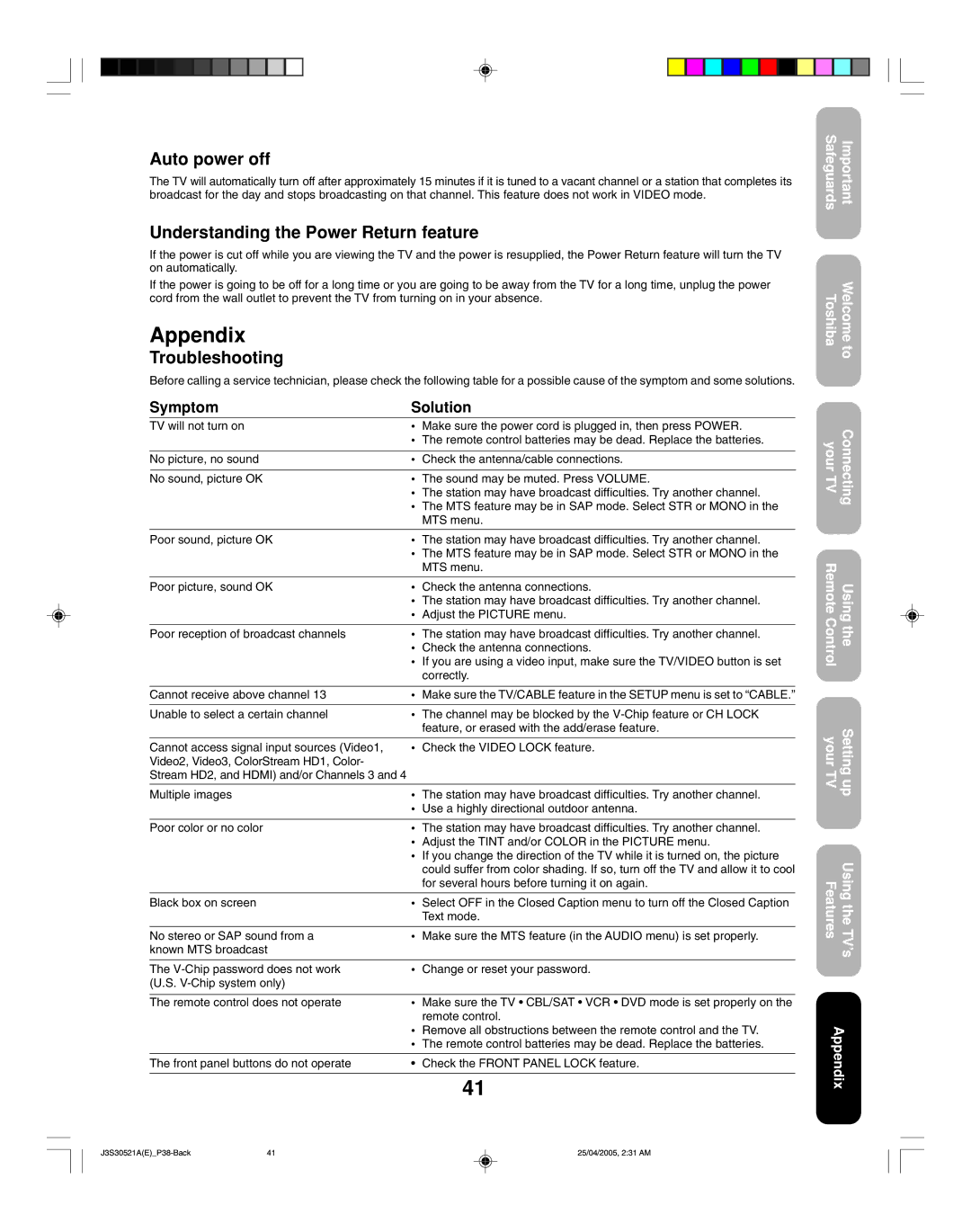 Toshiba 26HF15 appendix Appendix, Auto power off, Understanding the Power Return feature, Troubleshooting, Symptom Solution 