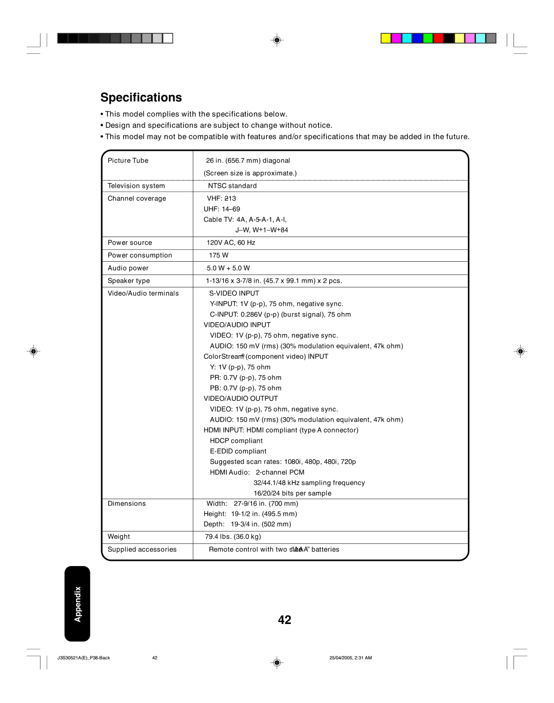 Toshiba 26HF15 appendix Specifications, Video Input, VIDEO/AUDIO Input, VIDEO/AUDIO Output 