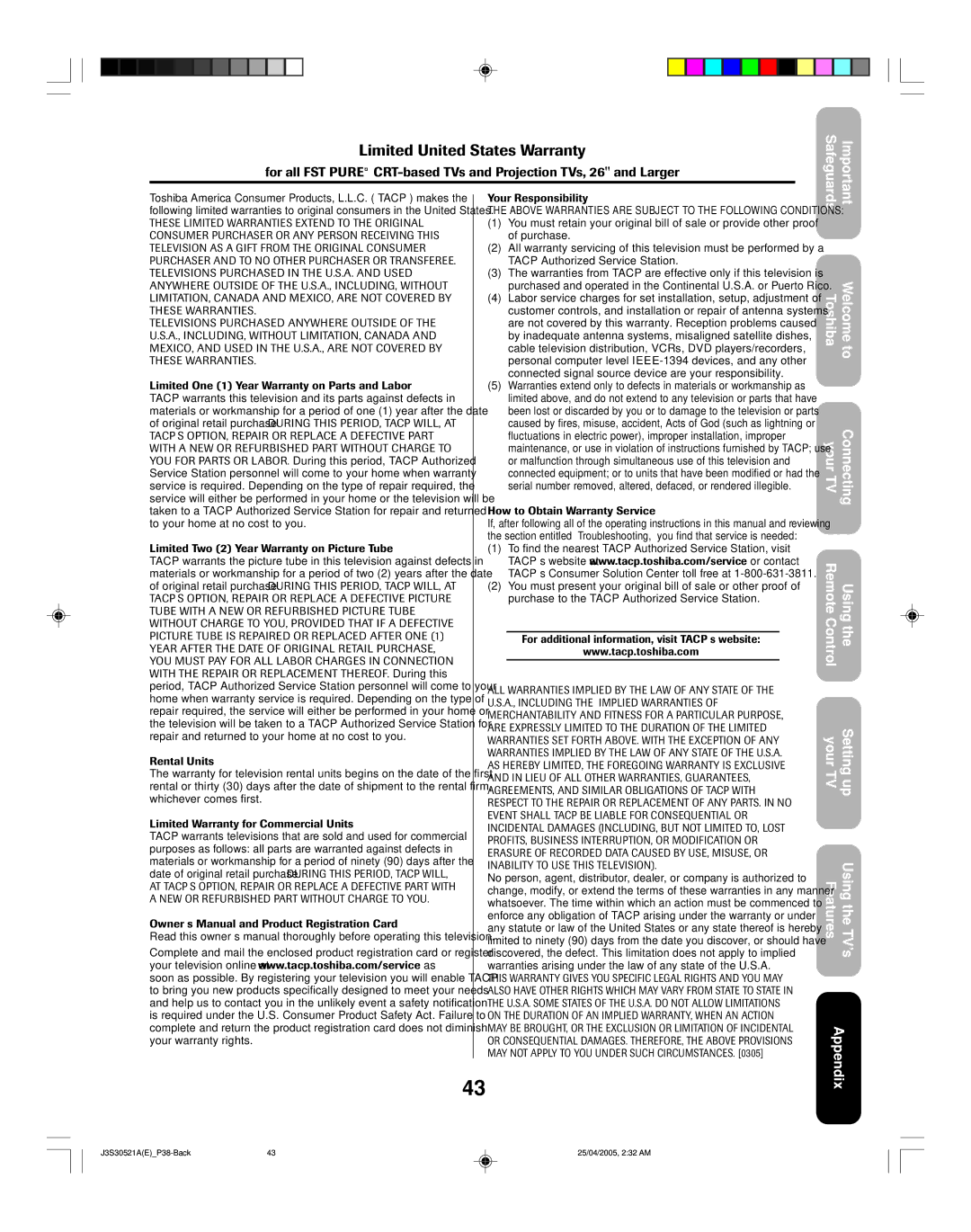 Toshiba 26HF15 appendix Limited United States Warranty 