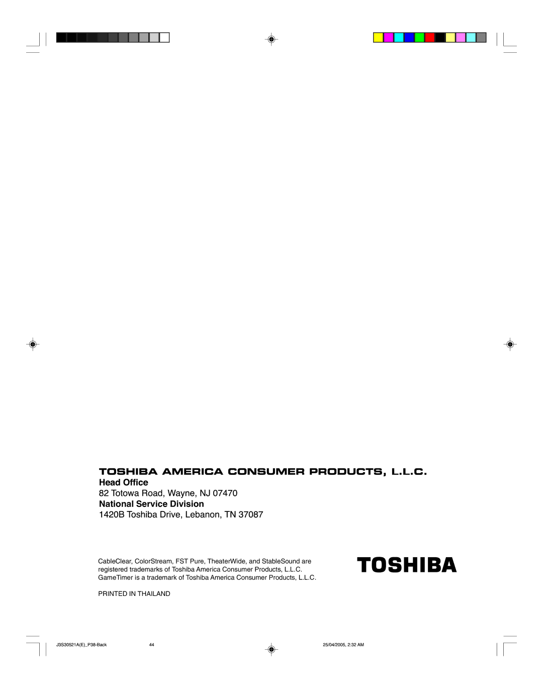 Toshiba 26HF15 appendix National Service Division 