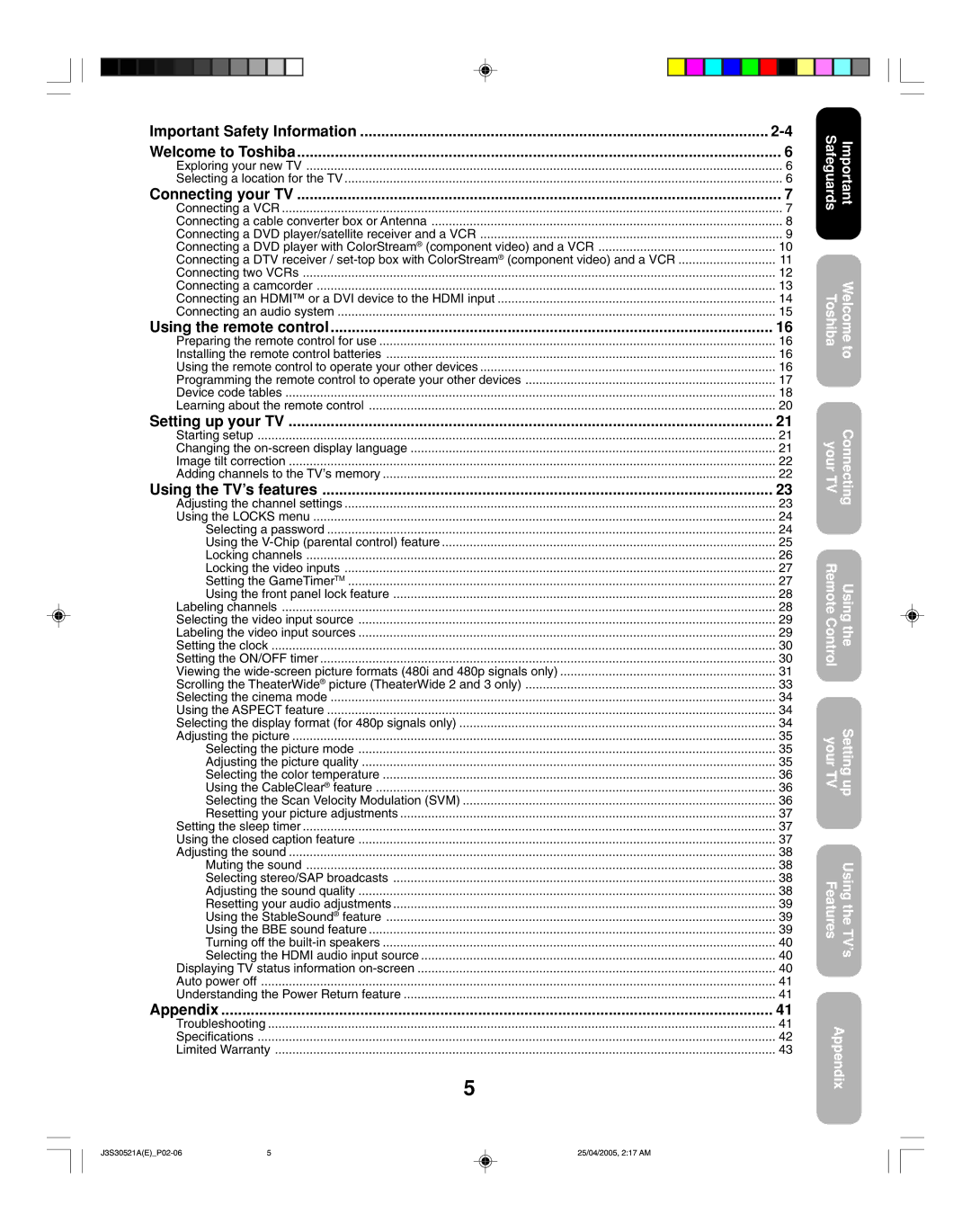 Toshiba 26HF15 Important Safety Information Welcome to Toshiba, Connecting your TV, Using the remote control, Appendix 