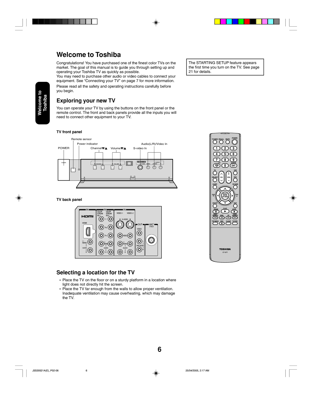 Toshiba 26HF15 Welcome to Toshiba, Exploring your new TV, Selecting a location for the TV, TV front panel, TV back panel 