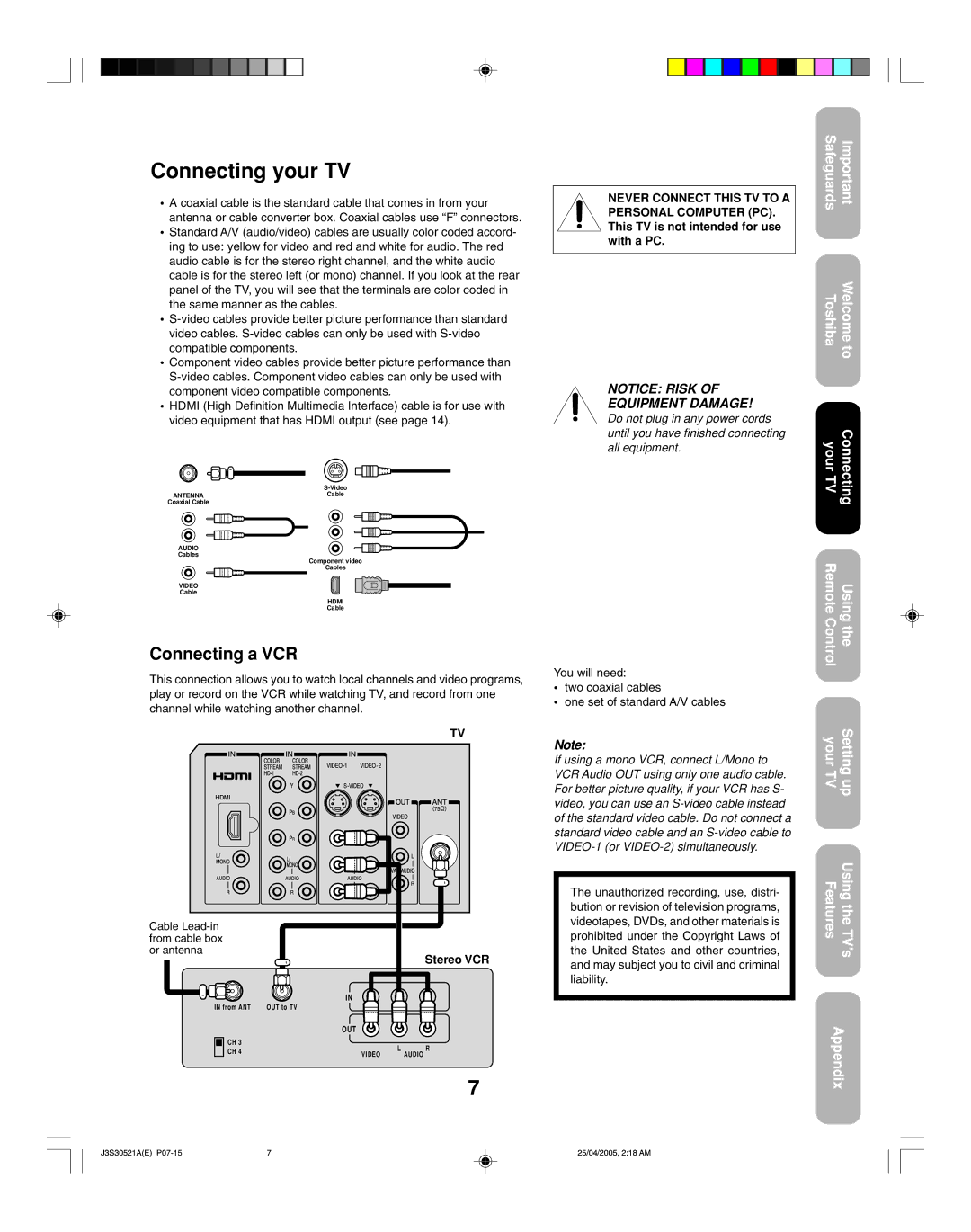 Toshiba 26HF15 appendix Connecting your TV, Connecting a VCR, Stereo VCR 