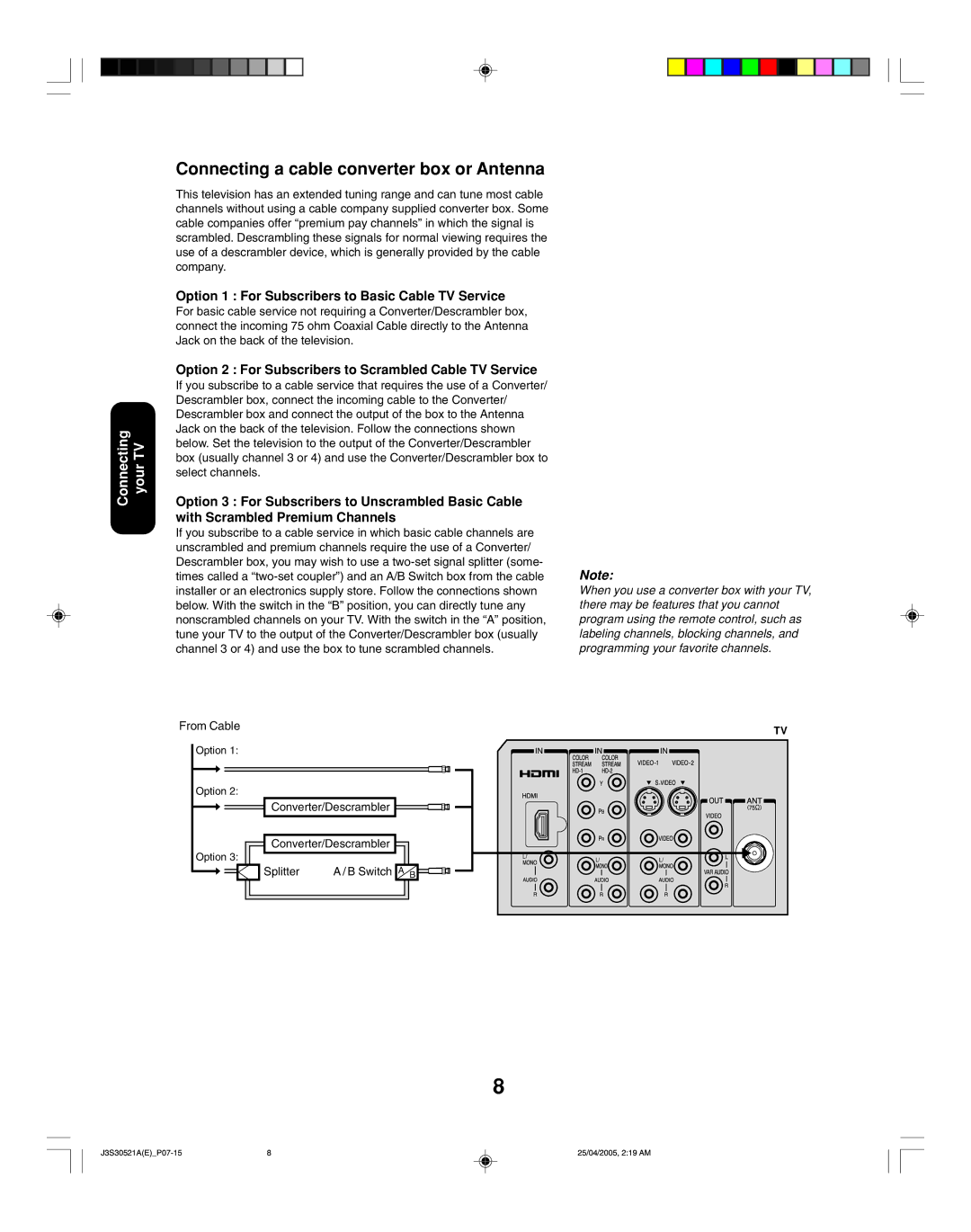 Toshiba 26HF15 appendix Connecting a cable converter box or Antenna, Option 1 For Subscribers to Basic Cable TV Service 