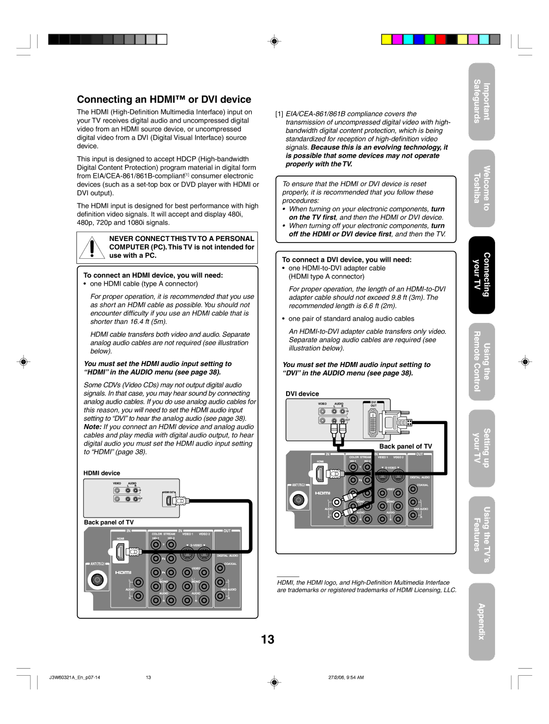 Toshiba 26HF66 Connecting an Hdmi or DVI device, One Hdmi cable type a connector, To connect a DVI device, you will need 