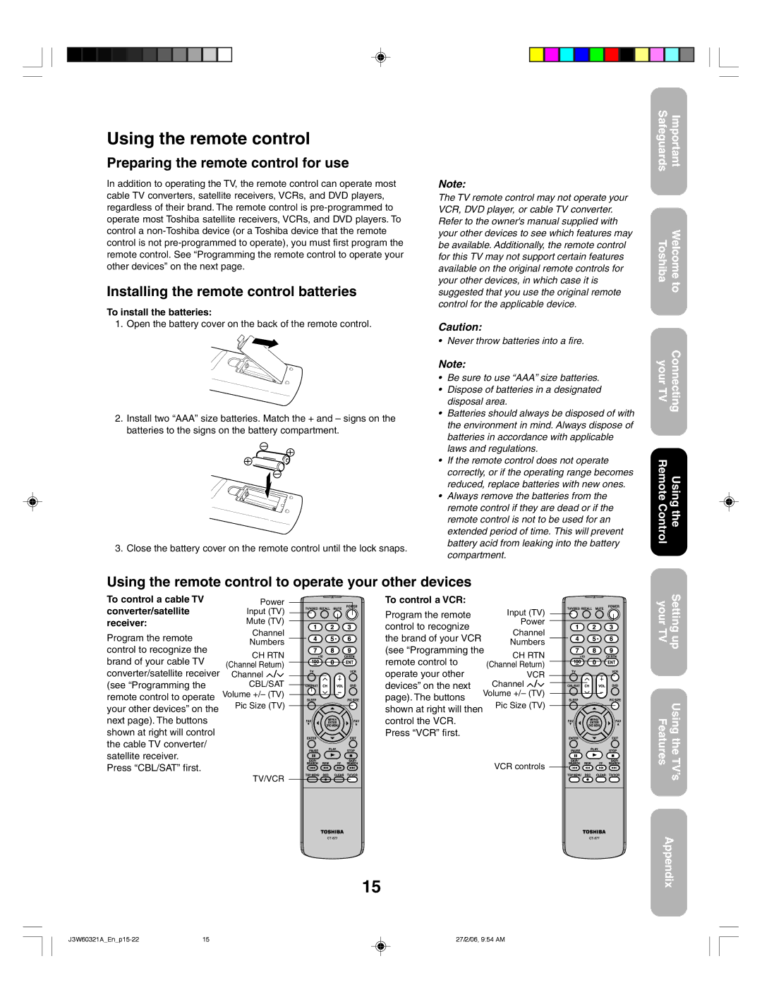 Toshiba 26HF66 Using the remote control, Preparing the remote control for use, Installing the remote control batteries 