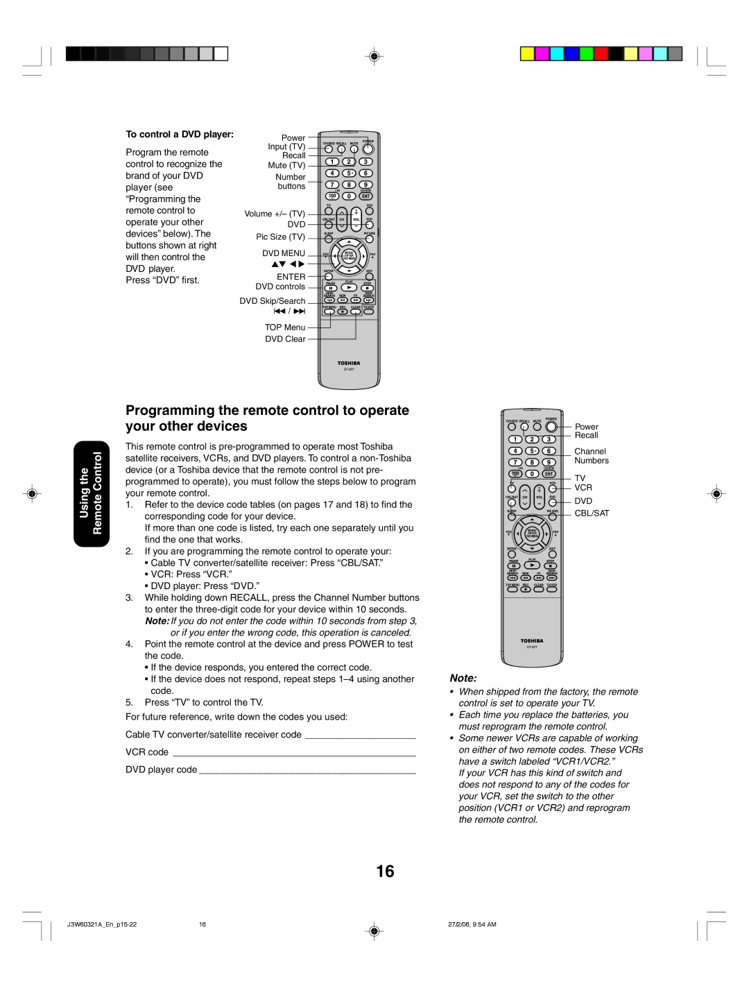 Toshiba 26HF66 appendix To control a DVD player 