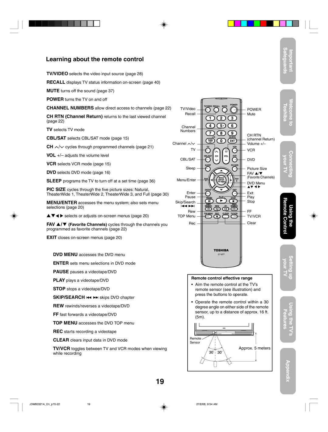 Toshiba 26HF66 appendix Learning about the remote control, Remote control effective range, Approx meters 