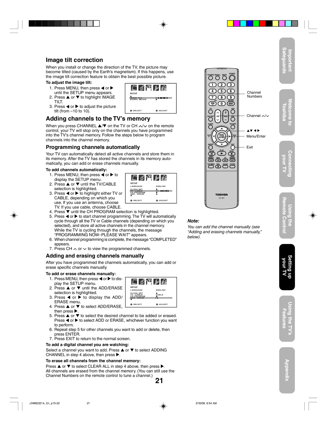 Toshiba 26HF66 appendix Image tilt correction, Adding channels to the TV’s memory, Programming channels automatically 