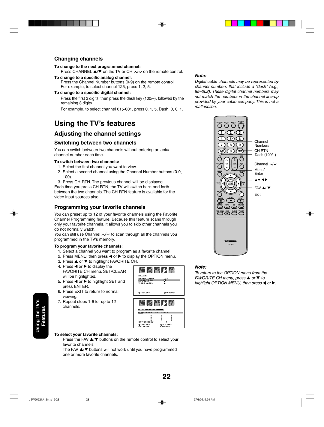 Toshiba 26HF66 Using the TV’s features, Adjusting the channel settings, Changing channels, Switching between two channels 