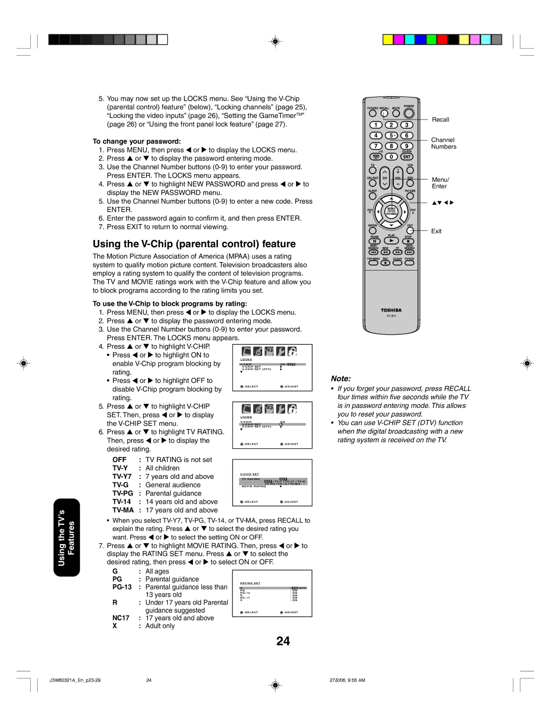 Toshiba 26HF66 appendix Using the V-Chip parental control feature 