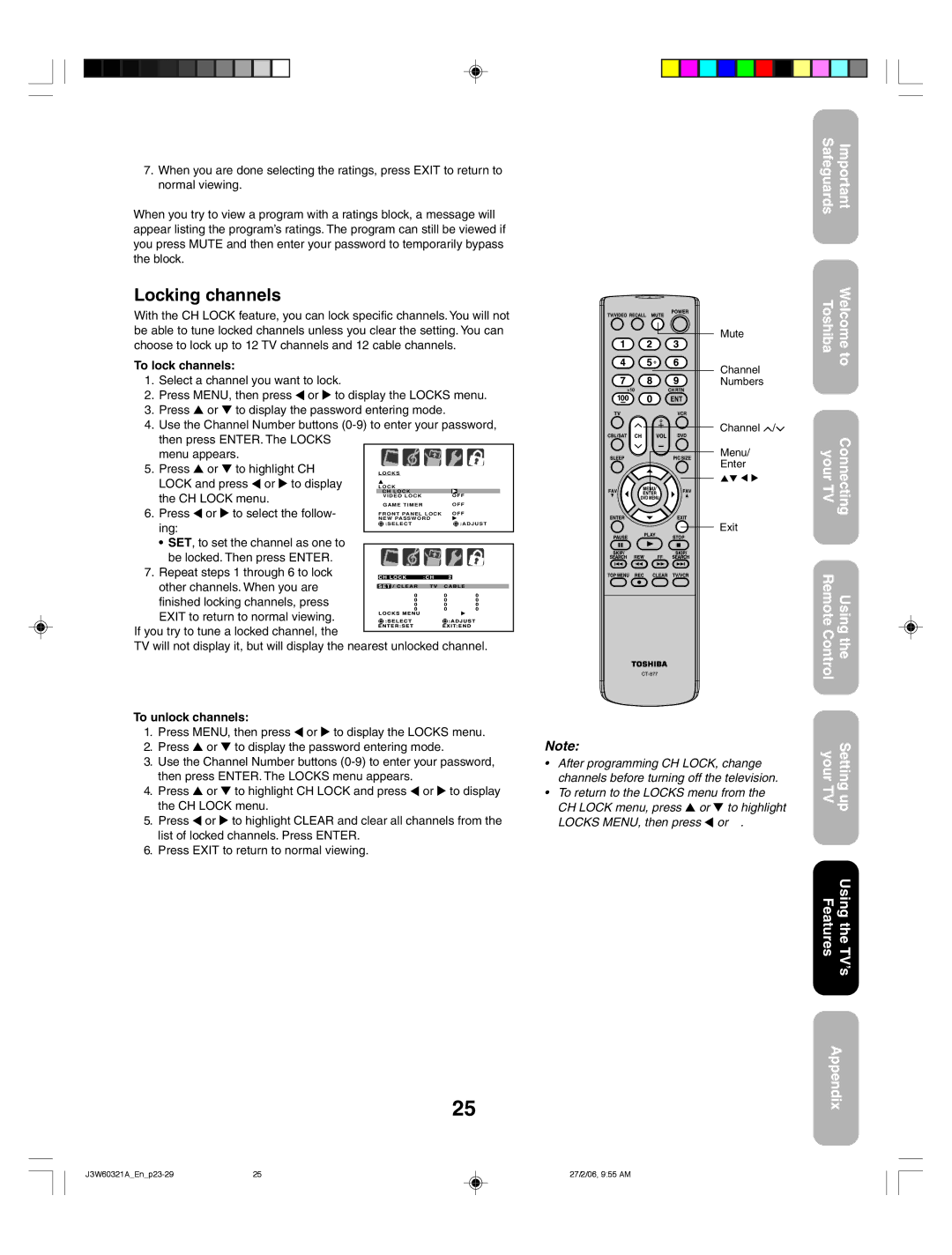 Toshiba 26HF66 appendix Locking channels, To lock channels, To unlock channels 