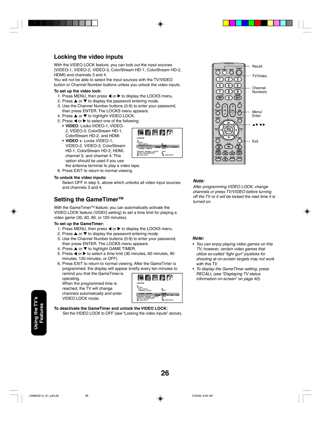 Toshiba 26HF66 appendix Locking the video inputs, Setting the GameTimerTM 