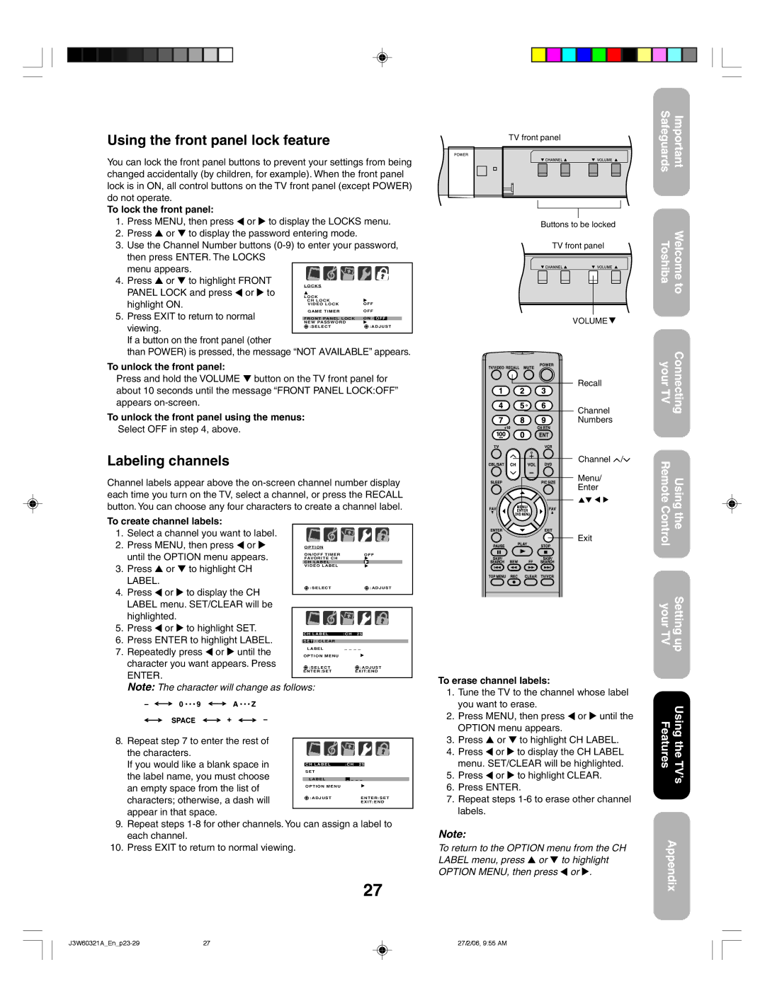 Toshiba 26HF66 appendix Using the front panel lock feature, Labeling channels 