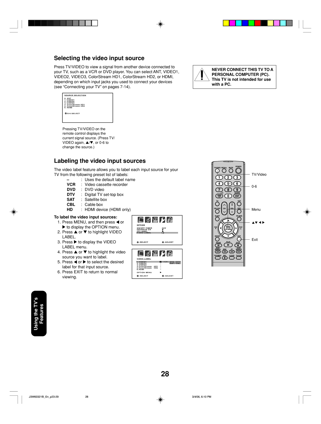 Toshiba 26HF66 Selecting the video input source, Labeling the video input sources, To label the video input sources 