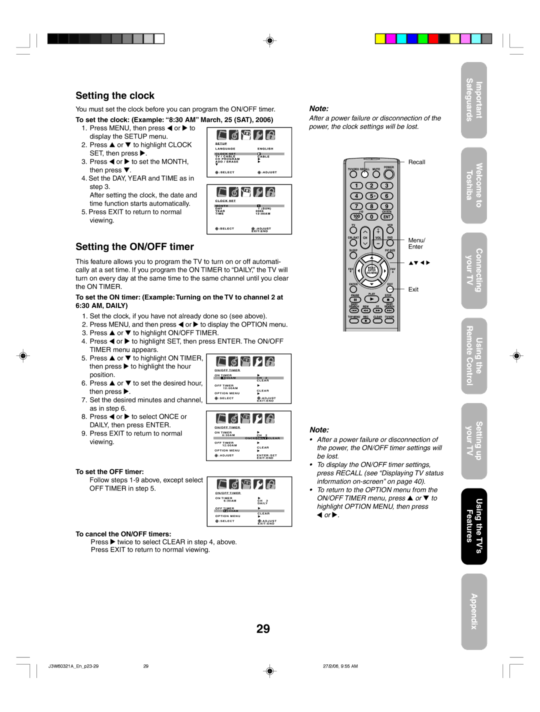 Toshiba 26HF66 appendix Setting the clock, Setting the ON/OFF timer, To set the clock Example 830 AM March, 25 SAT 